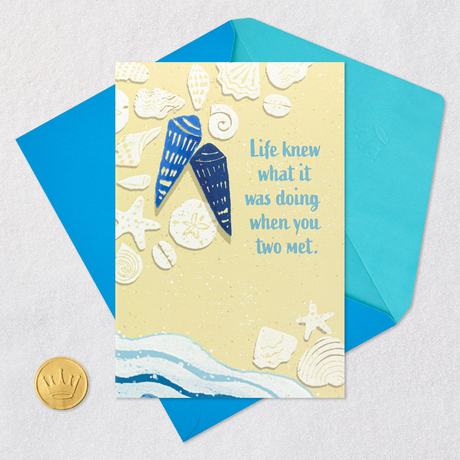 Blue and White Seashells on Sandy Beach Anniversary Card Card Front with Envelope and Gold Seal image number 6