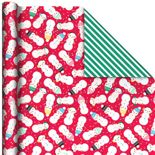 Snowmen on Red/Green Stripes Reversible Christmas Wrapping Paper, 35 sq. ft., 