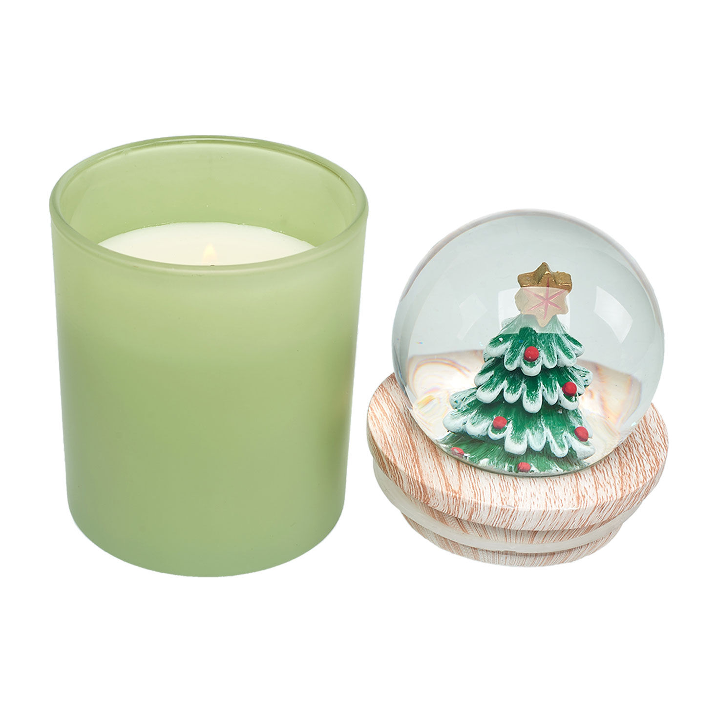 Green Cedarwood Candle with Christmas Tree Snow Globe lid off lit image number 2