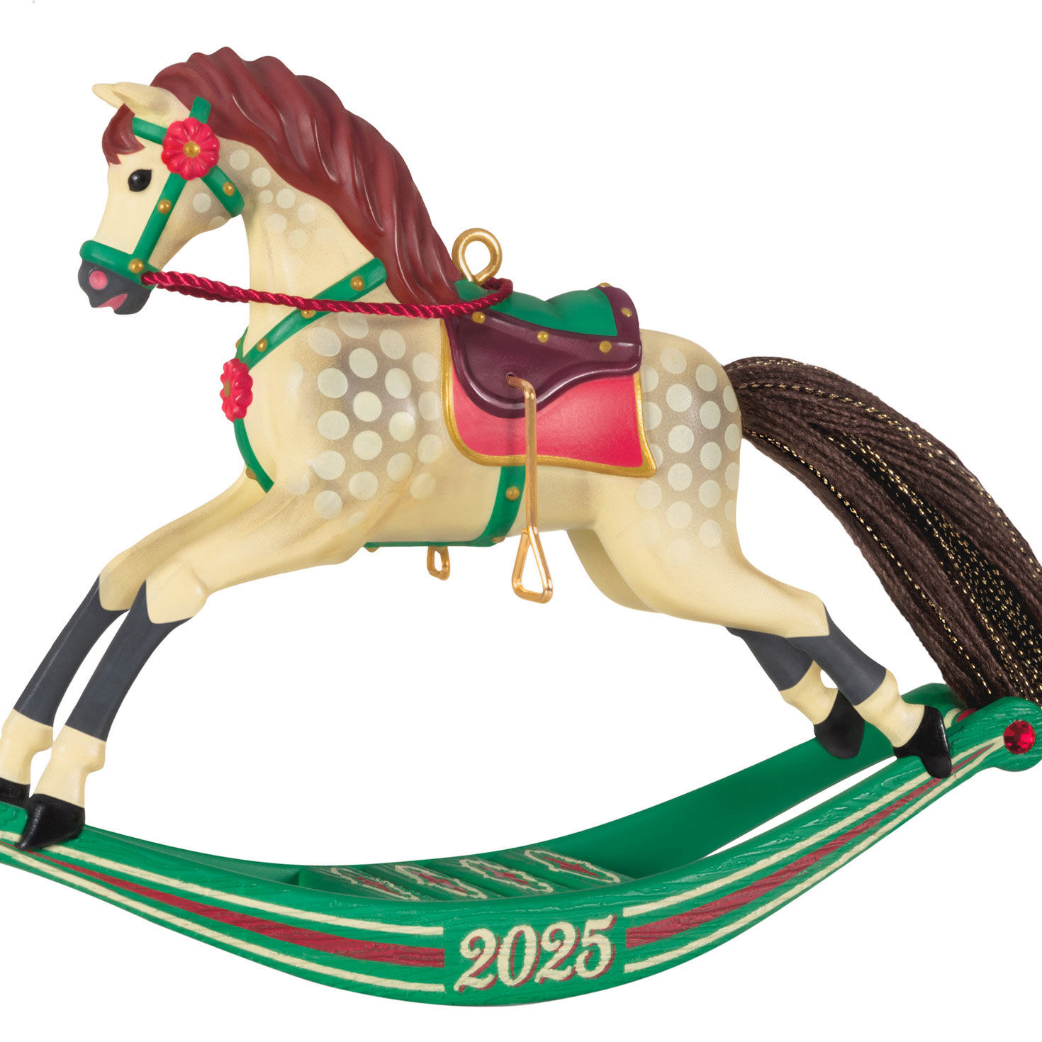 Cream Horse on Green Rocker Keepsake Ornament closeup view image number 5