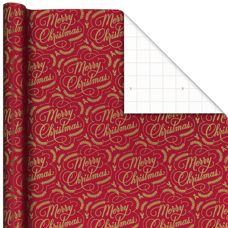 Merry Christmas on Burgundy Metallic Wrapping Paper Roll, 22.5 sq. ft.