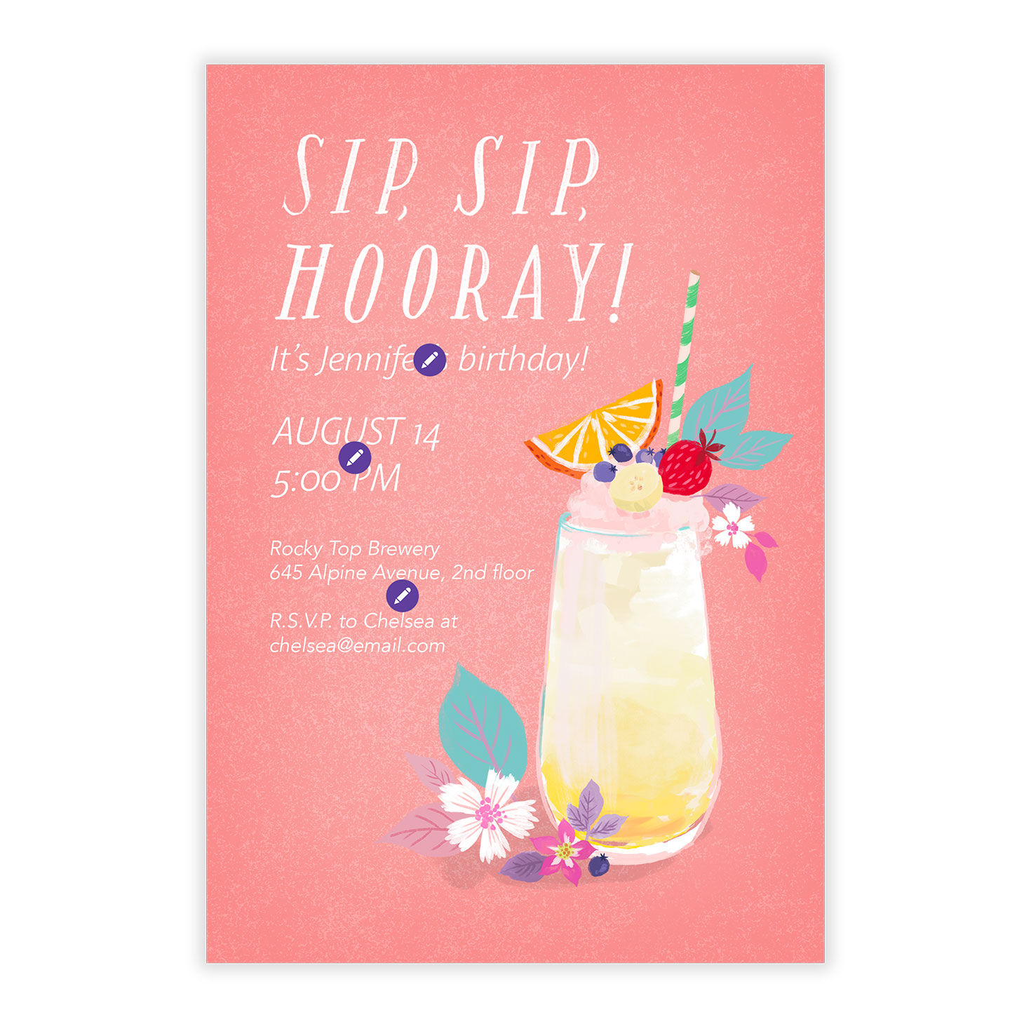 Fruity Drink on Pink Personalized Party Invitation Card Front indicating personalization image number 5