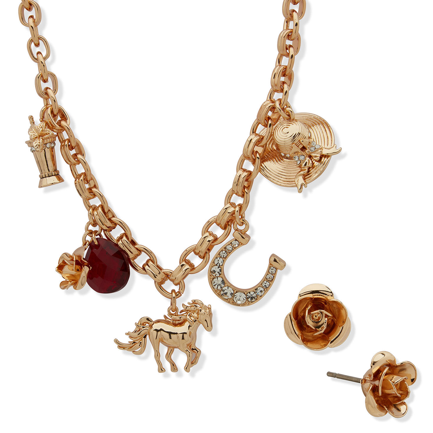 Gold Metal Charm Necklace and Rose Earrings Set upclose detail image number 2