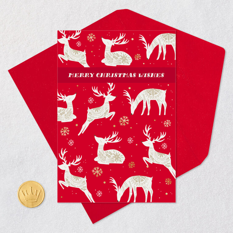 Nordic Reindeer and Snowflakes on Red Christmas Card Card Front with Envelope and Gold Seal image number 5
