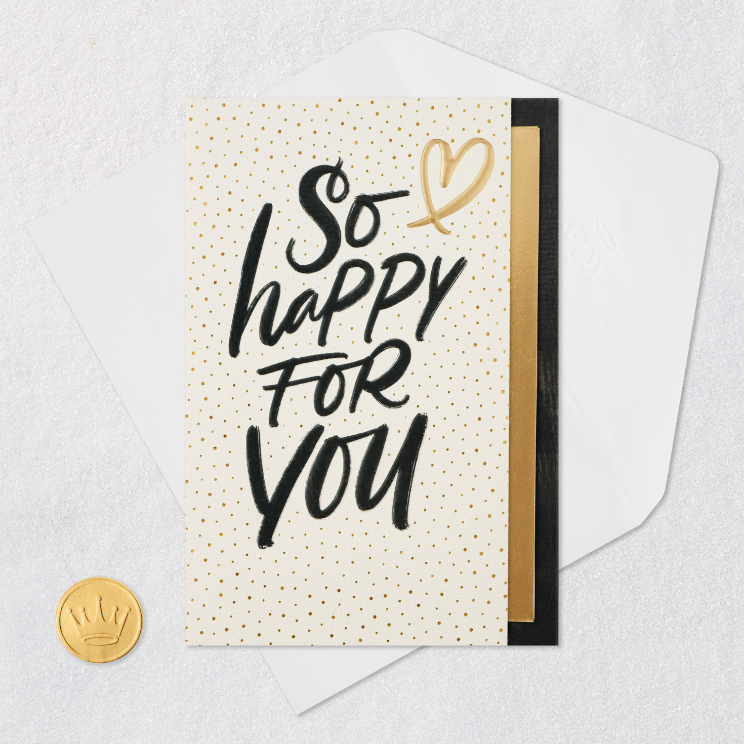 Gold Heart Black Script Wedding Card Card Front with Envelope and Gold Seal image number 5