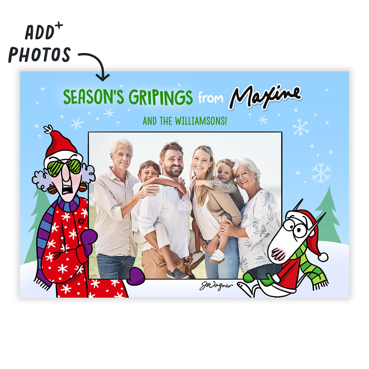 Snowy Maxine and Dog Personalized Christmas Card Card Front indicating personalization image number 2