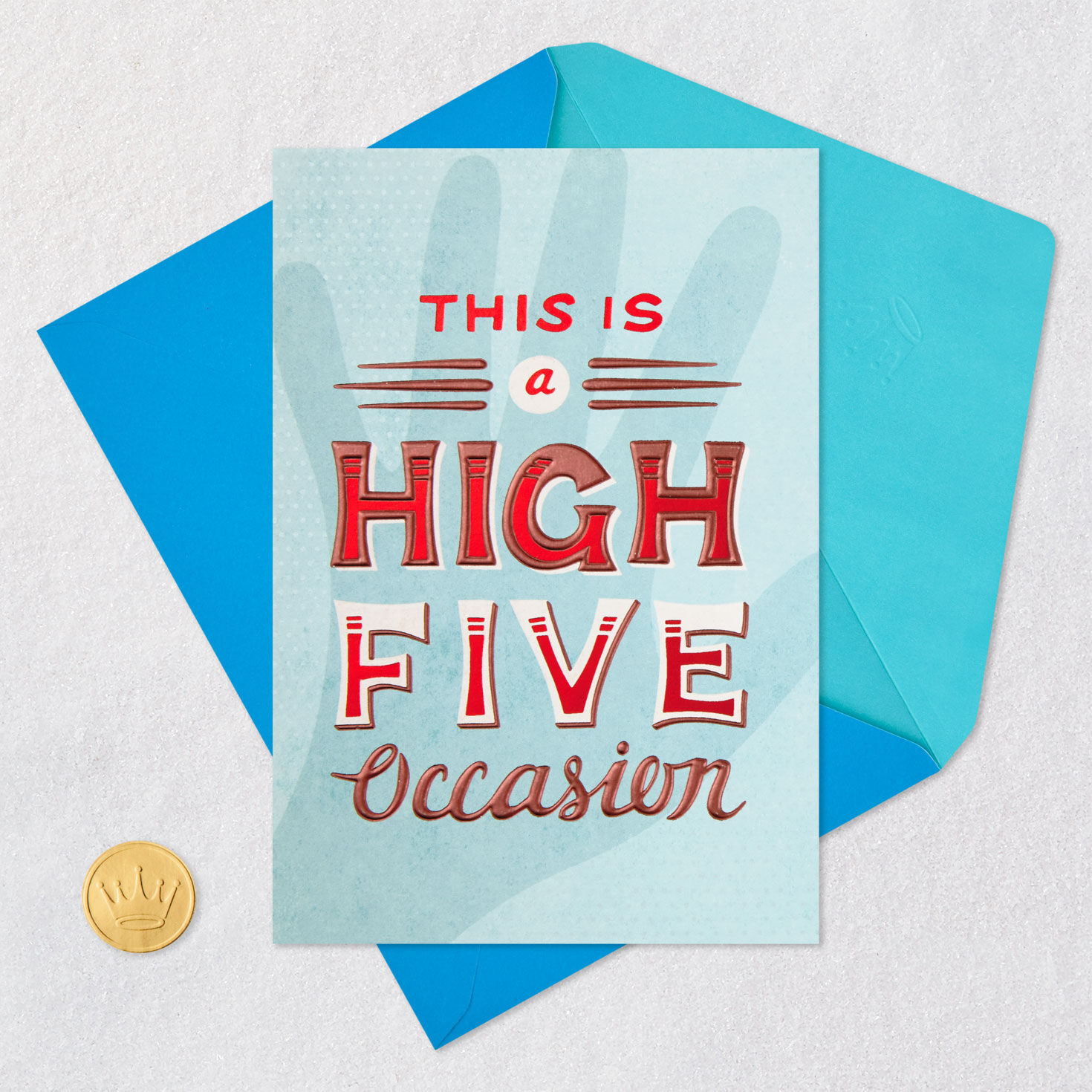 High Five Handprint on Blue Blank Congratulations Card Card Front with Envelope and Gold Seal image number 4