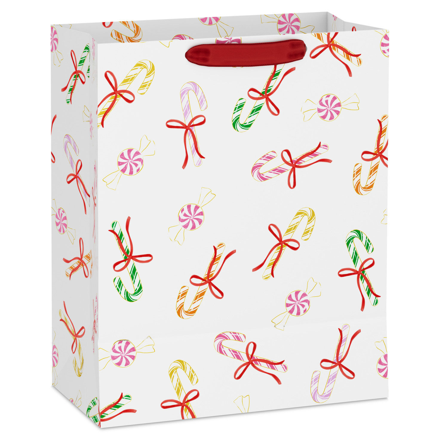 Colorful Candy Canes on White Large Holiday Gift Bag Back image number 6