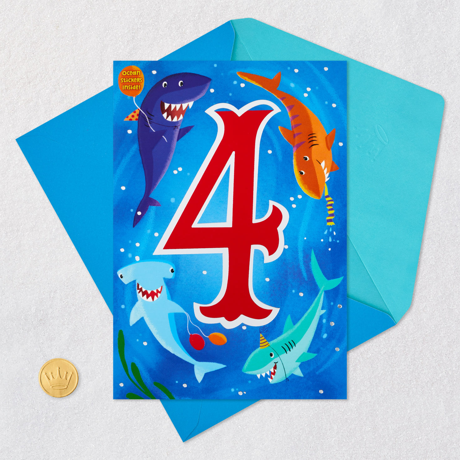 Fin-tastic Four Sharks 4th Birthday Card With Stickers for only USD 4.59 | Hallmark