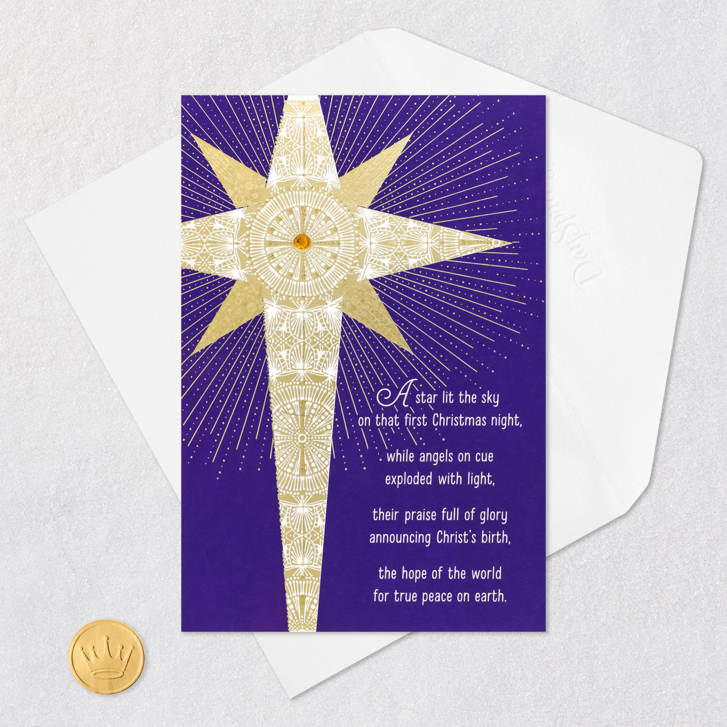Gold Star on Purple Sky Religious Christmas Card Card Front with Envelope and Gold Seal image number 5