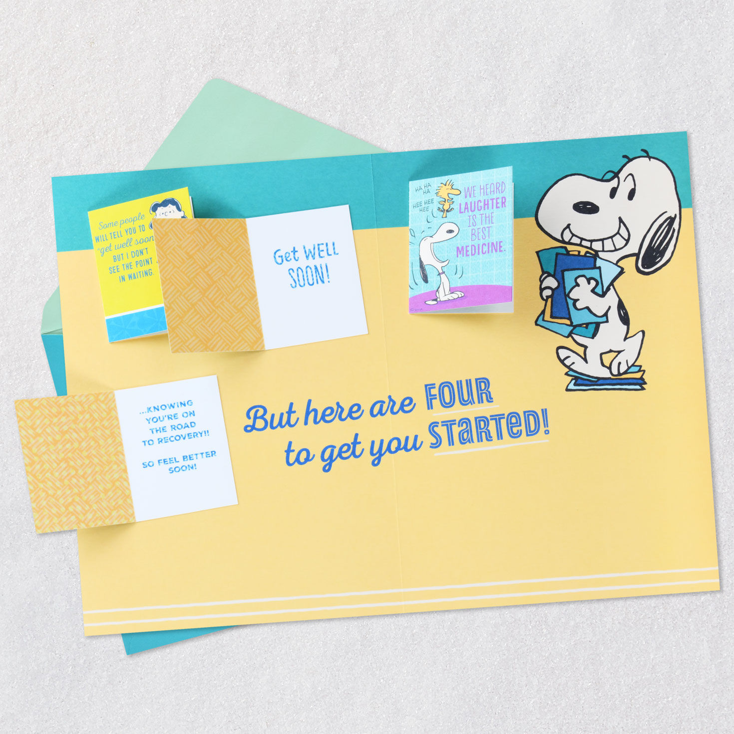 Snoopy on Green and Yellow Get Well Card Open card with envelope image number 6