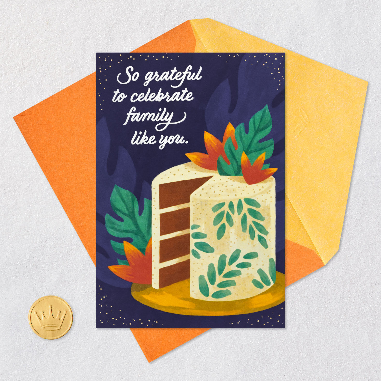 Blue Monstera Leaves with Cake Birthday Card Card Front with Envelope and Gold Seal image number 5