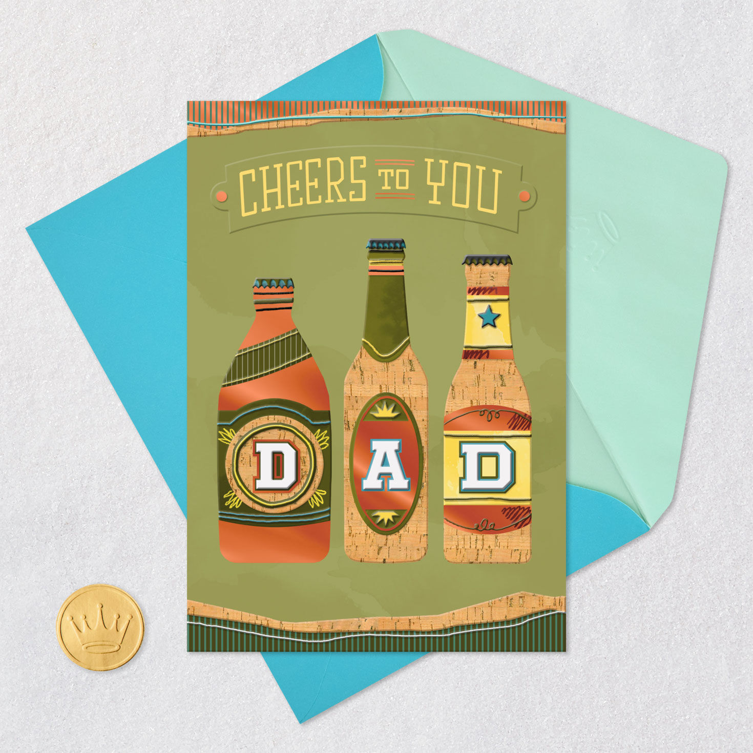 Three Beer Bottles Birthday Card for Dad Card Front with Envelope and Gold Seal image number 5