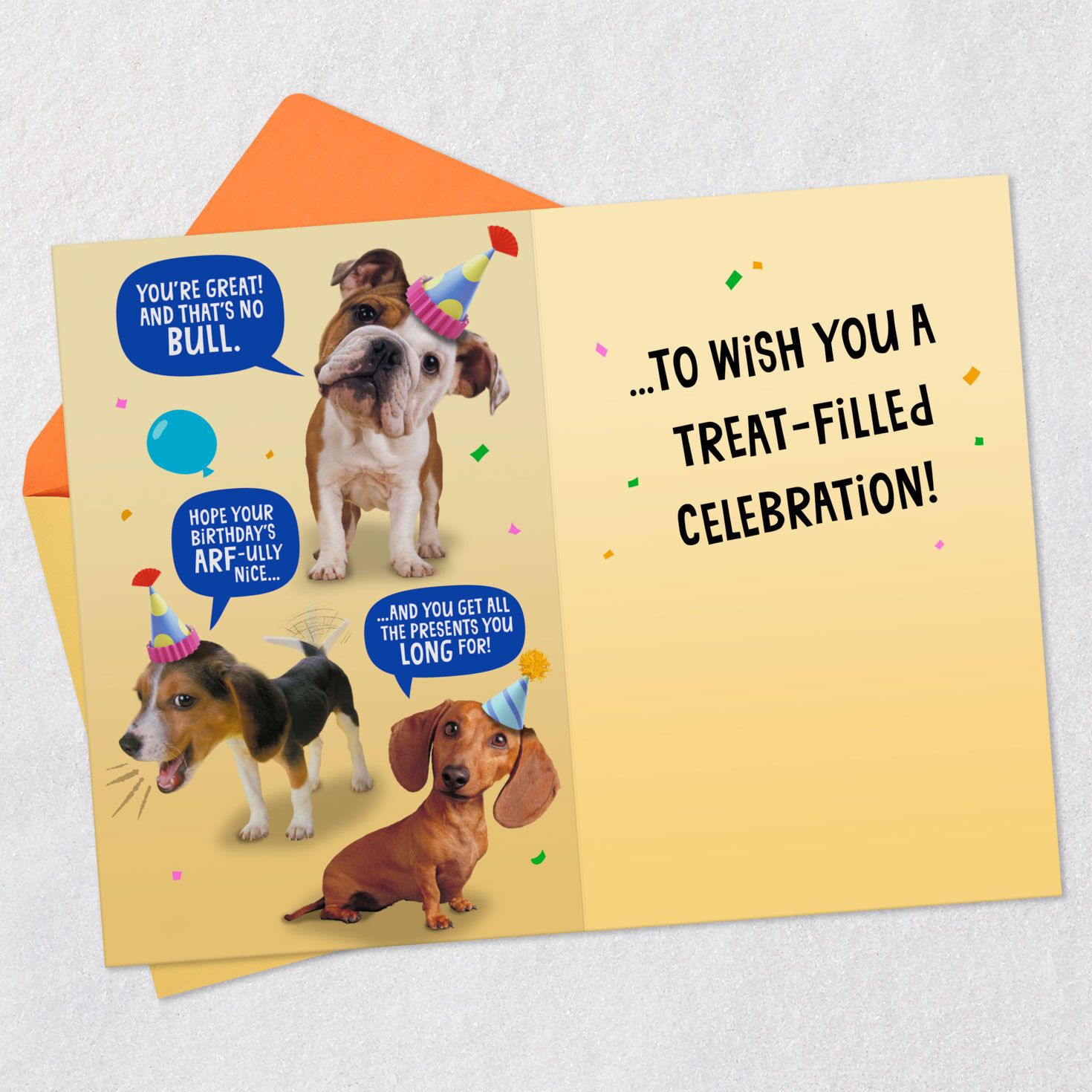 Punny Dogs in Party Hats Funny Birthday Card Open card with envelope image number 5