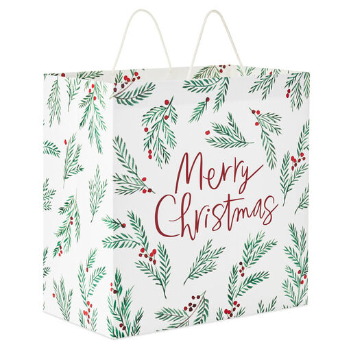 15" Merry Christmas With Pine Boughs Extra-Deep Gift Bag, 