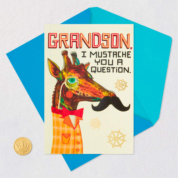 Giraffe With Mustache Funny Birthday Card for Grandson, , large image number 5
