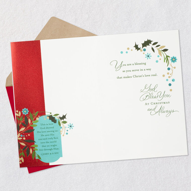 Cross and Flowers Clergy Appreciation Christmas Card Open card with envelope image number 4