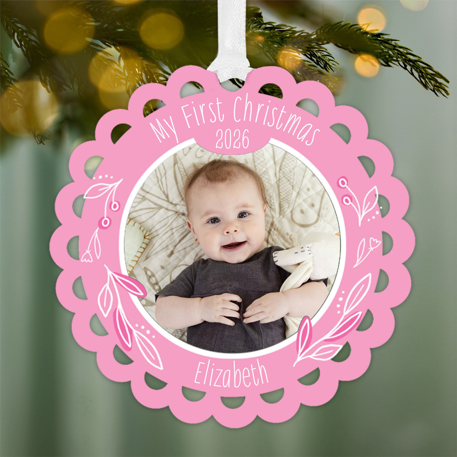 Baby's First Personalized Round Christmas Ornament hanging on tree image number 2