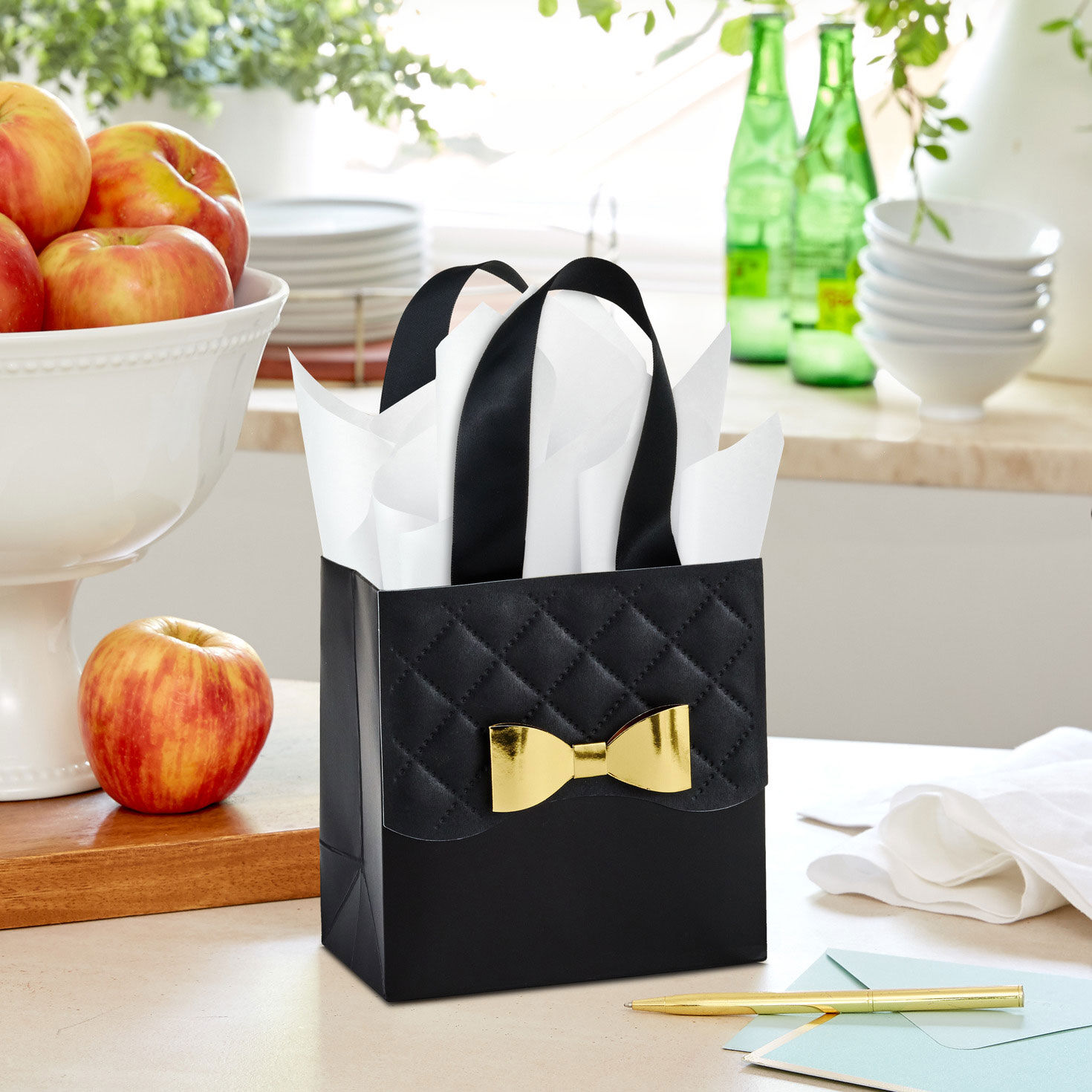 Gold Bow on Quilted Black Small Gift Bag in use image number 2