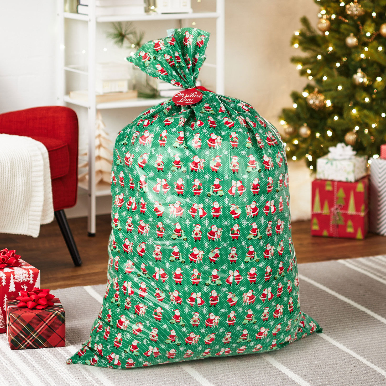 Retro Santa on Green Giant Plastic Holiday Gift Bag in use image number 2