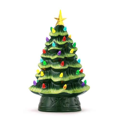 Vintage-Inspired Green Ceramic Christmas Tree with LED, 12", 
