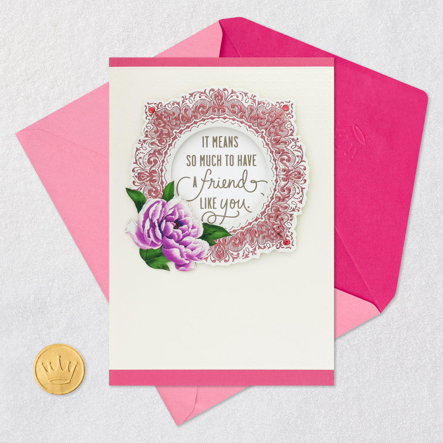 Pink Peony and Lace Frame Birthday Card for Friend Card Front with Envelope and Gold Seal image number 6