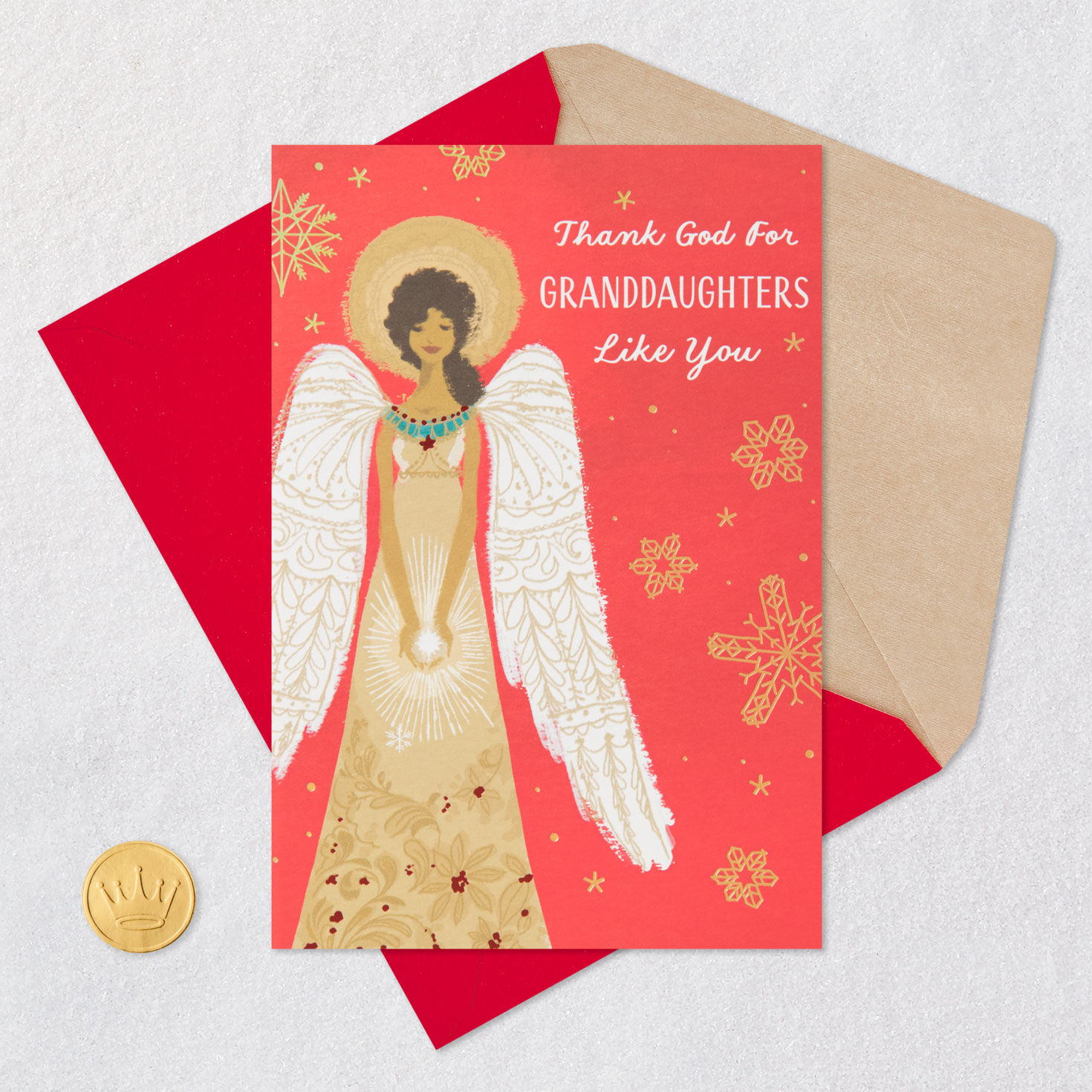 Gold Angel on Red Christmas Card for Granddaughter Card Front with Envelope and Gold Seal image number 5