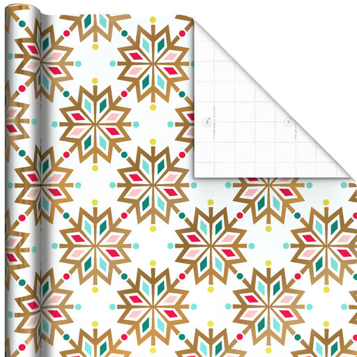 Gold Snowflakes on White Christmas Wrapping Paper, 22.5 sq. ft., 