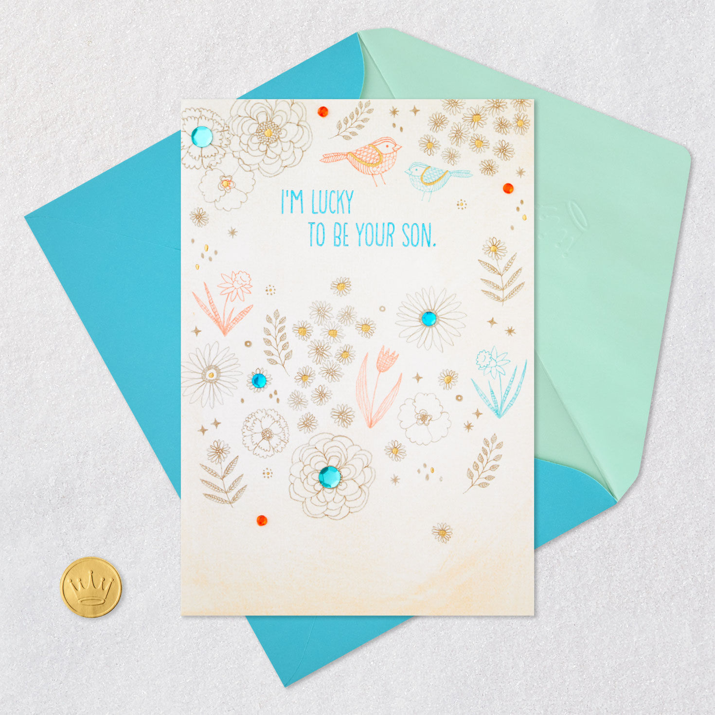Birds and Flowers Mom Mother's Day Card From Son Card Front with Envelope and Gold Seal image number 5