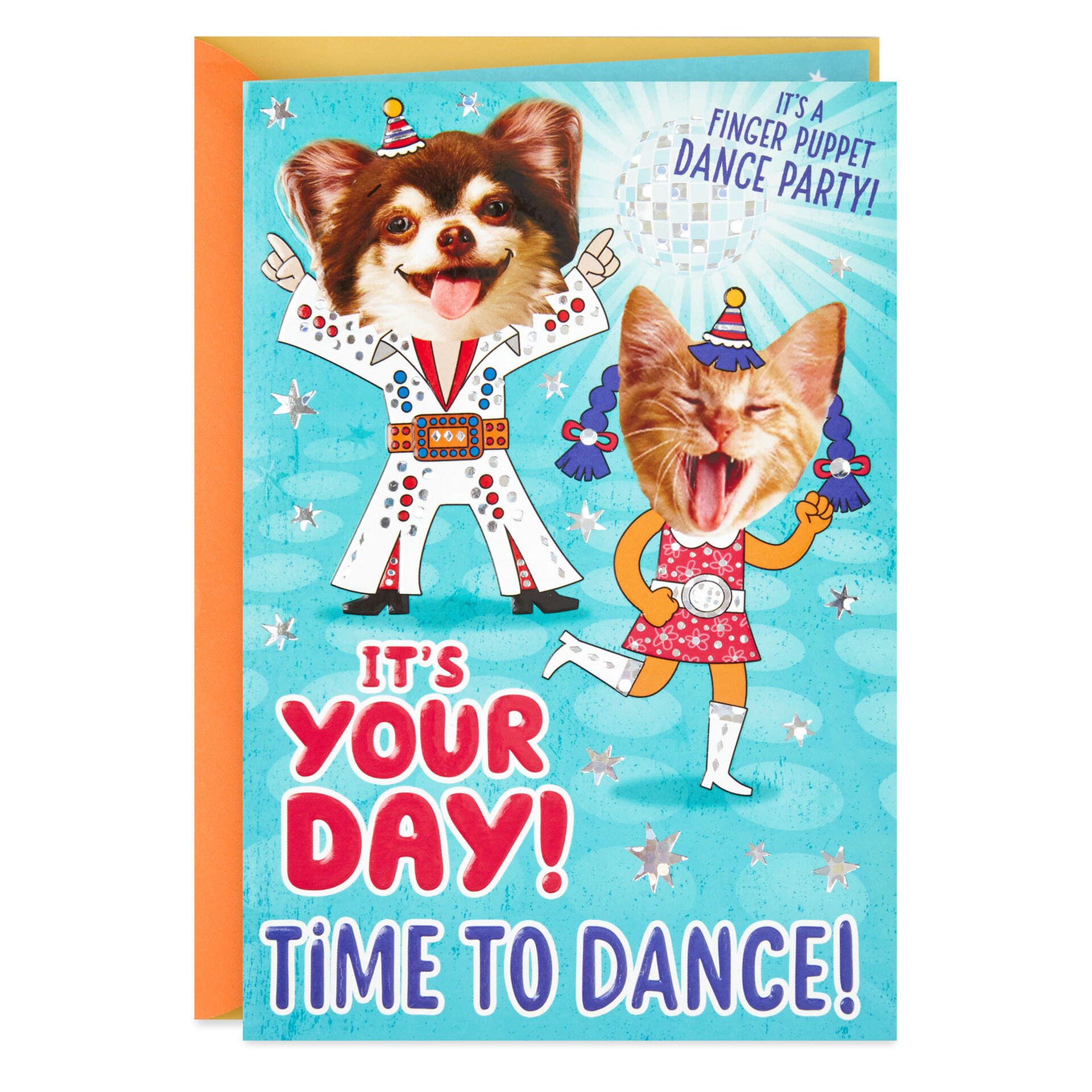 Dance Party Dog and Kitty Birthday Card with Punch-Out Finger Puppets ...
