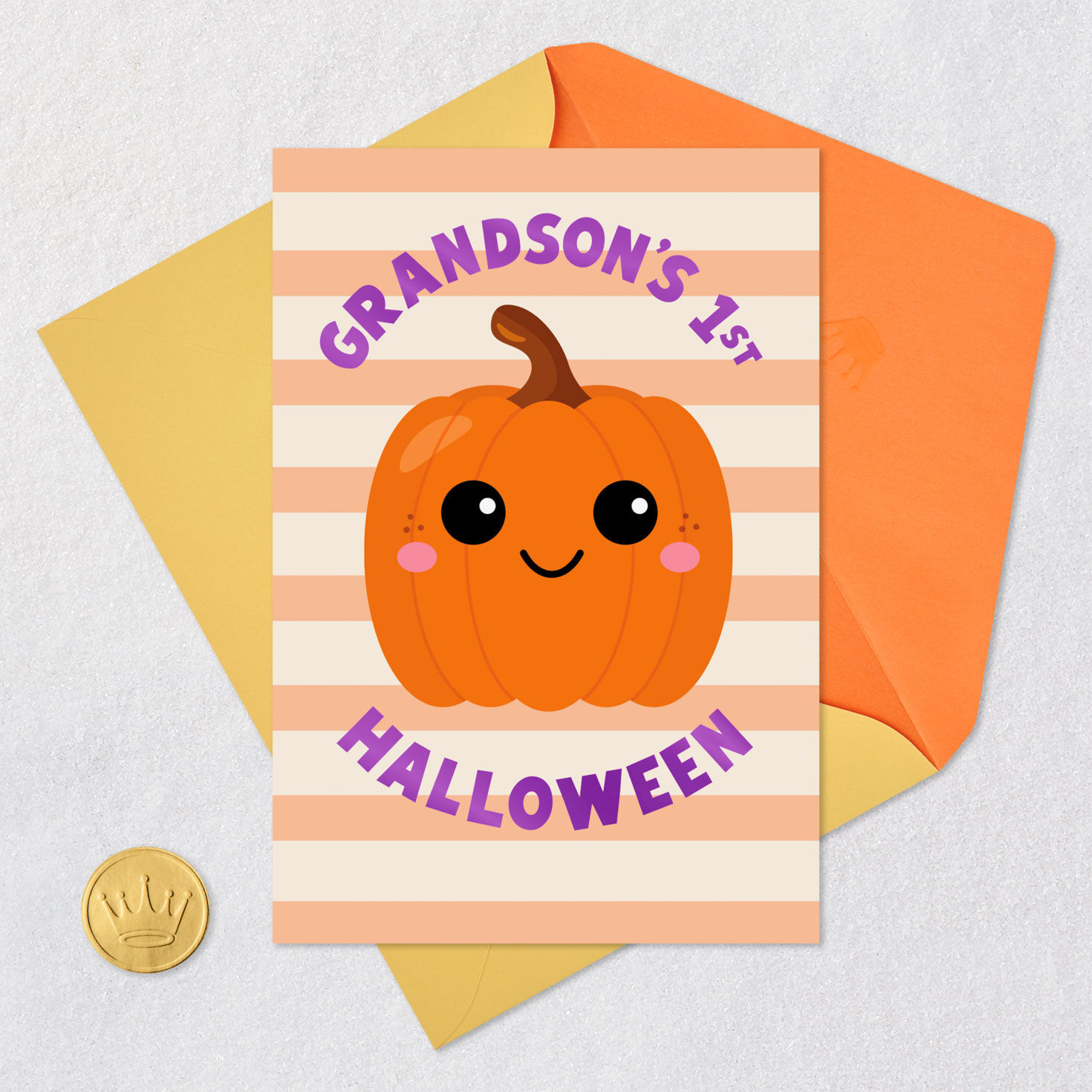 Pumpkin Orange Stripes Grandson's 1st Halloween Card Card Front with Envelope and Gold Seal image number 5
