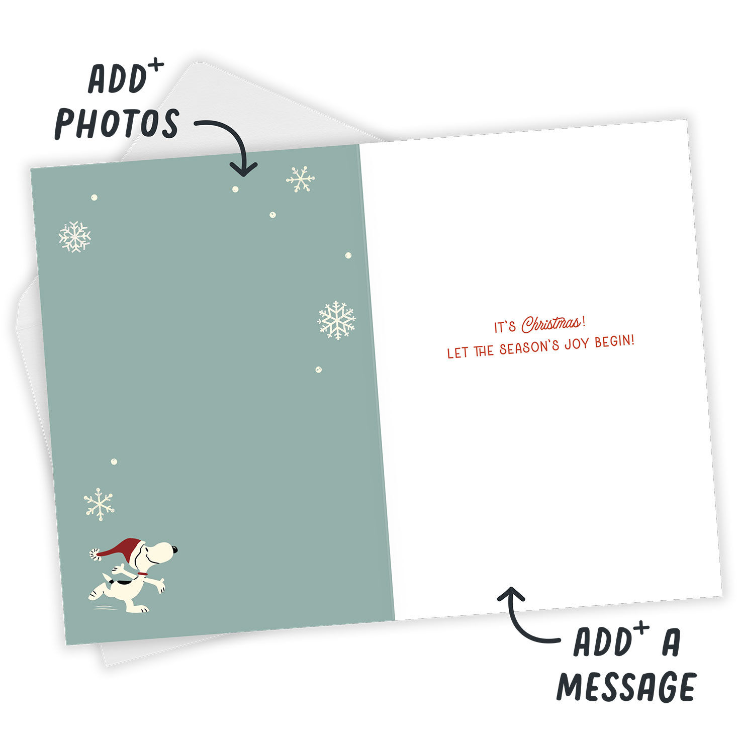 Snoopy and Snowflakes Personalized Christmas Card Open Card with Envelope indicating personalization image number 4