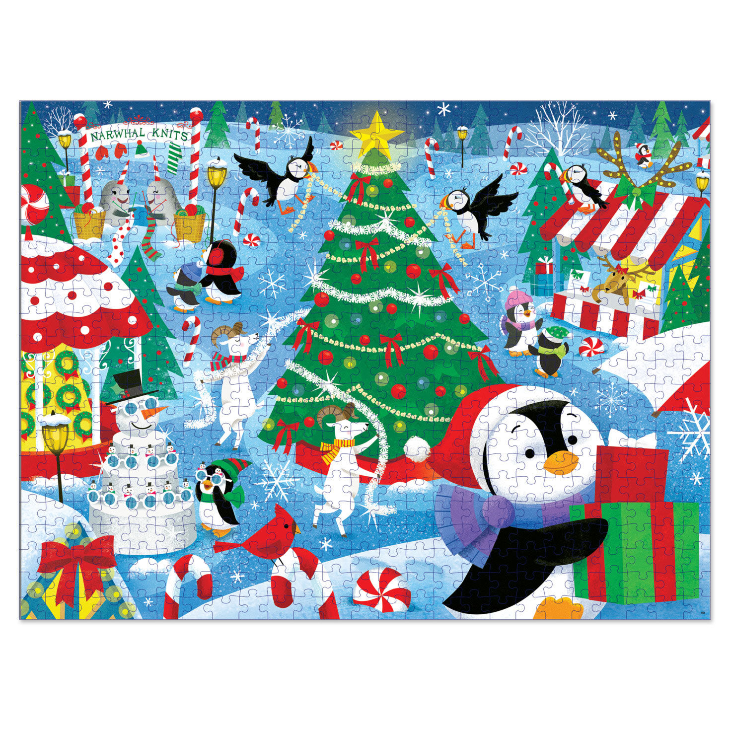 Penguins in Wooded Christmas Market 550-Piece Puzzle front full puzzle image number 4