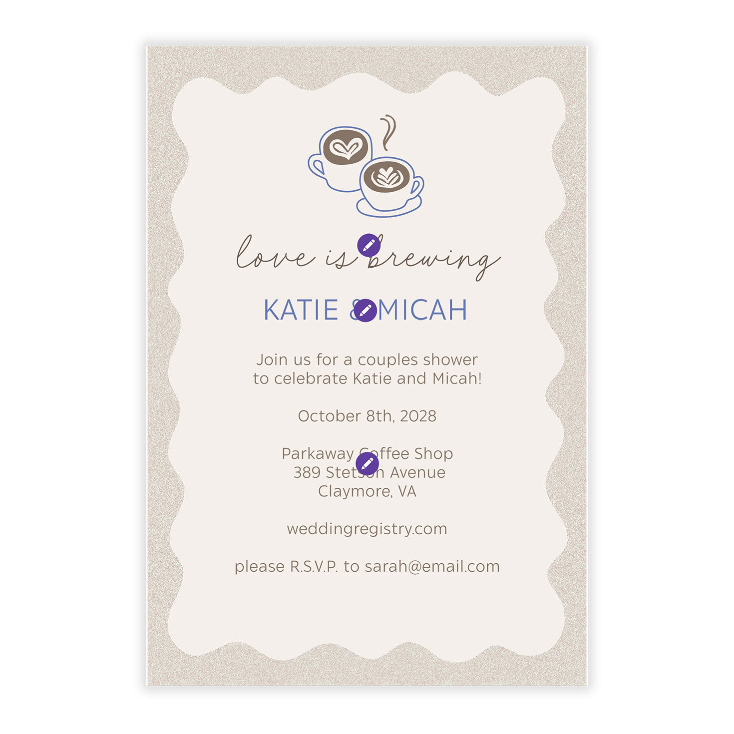 Coffee Cups Personalized Wedding Shower Invitation Card Front indicating personalization image number 5