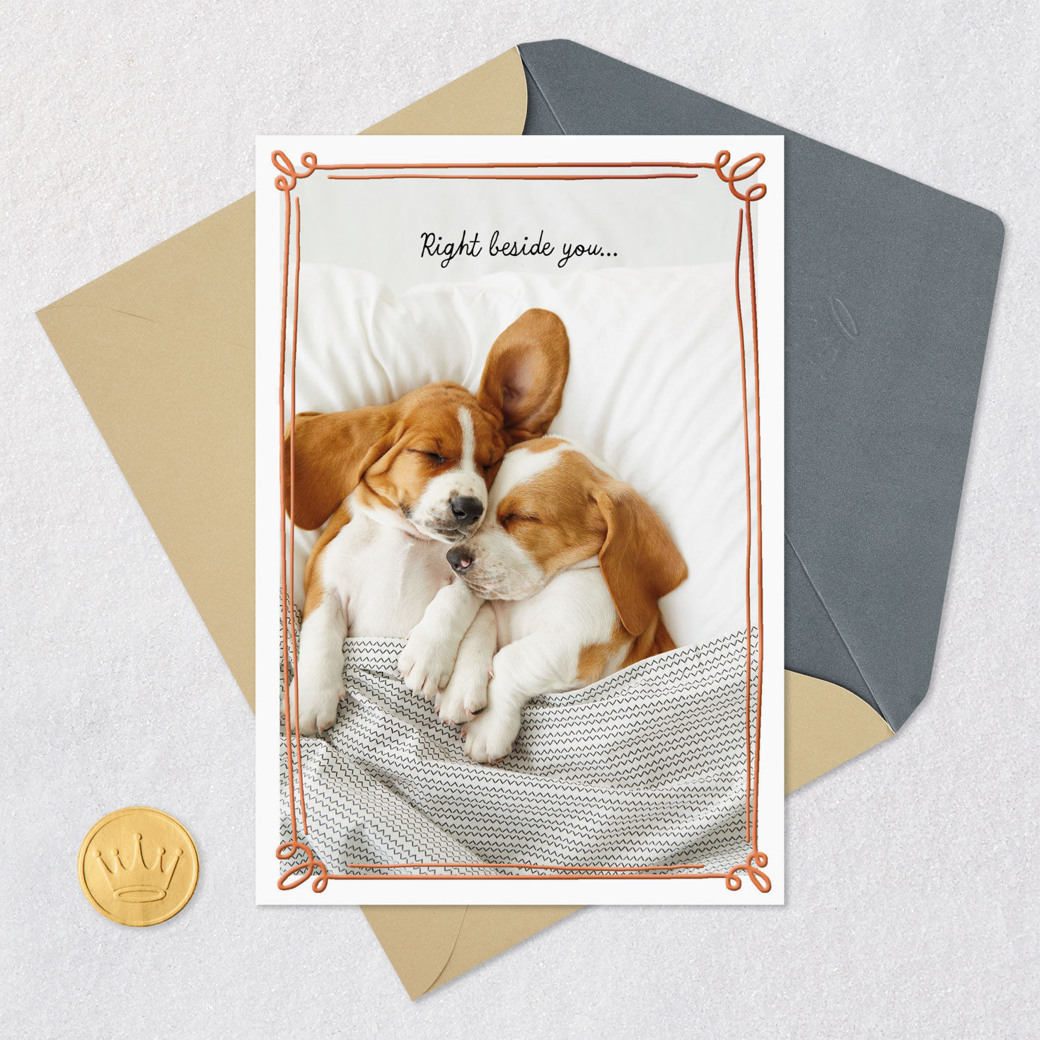 Cuddling Hound Dog Puppies Love Card Card Front with Envelope and Gold Seal image number 5