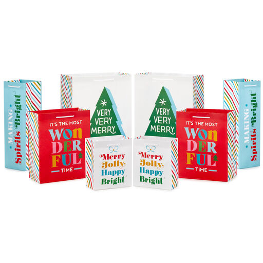 Bright Wishes 8-Pack Christmas Gift Bags, Assorted Sizes and Designs, 