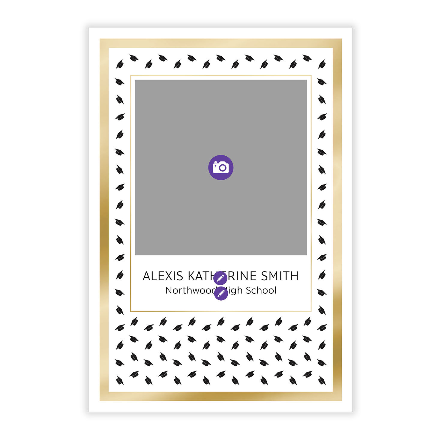 Gold Border Grad Hats Personalized Grad Announcement Card Front indicating personalization image number 5