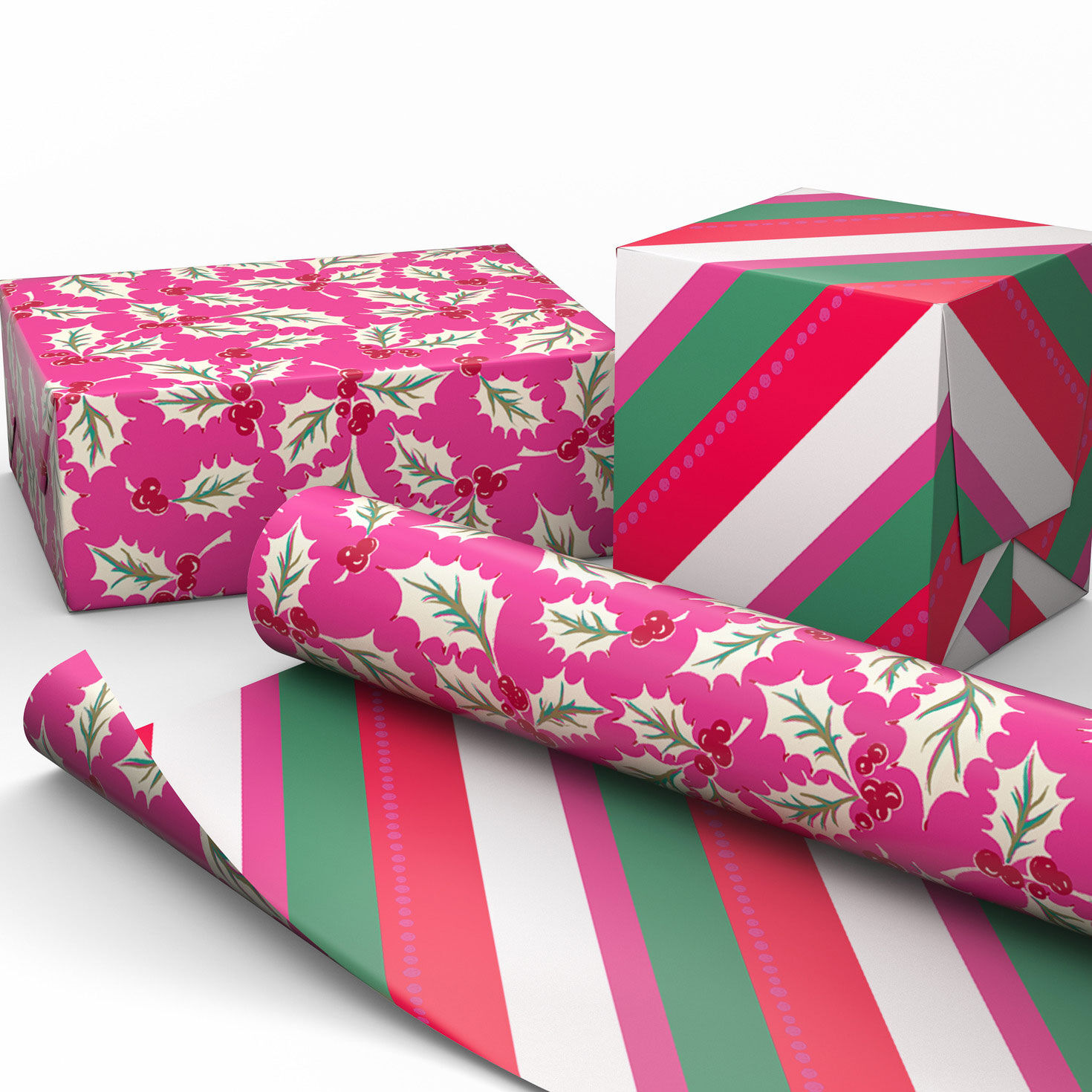 Holly/Bright Stripes Reversible Christmas Gift Wrap Wrapped pkg image number 2