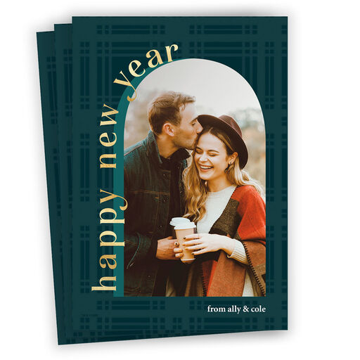 Arch on Green Plaid Flat New Year Photo Card, 