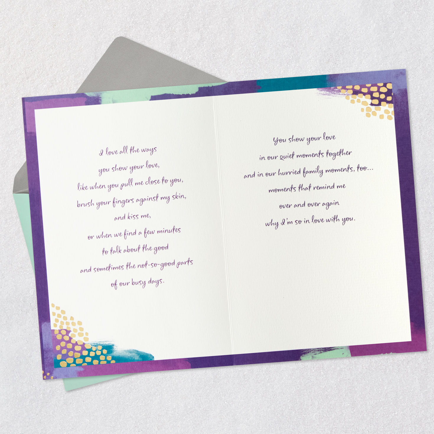 Purple and Gold Hearts Romantic Love Card Open card with envelope image number 4