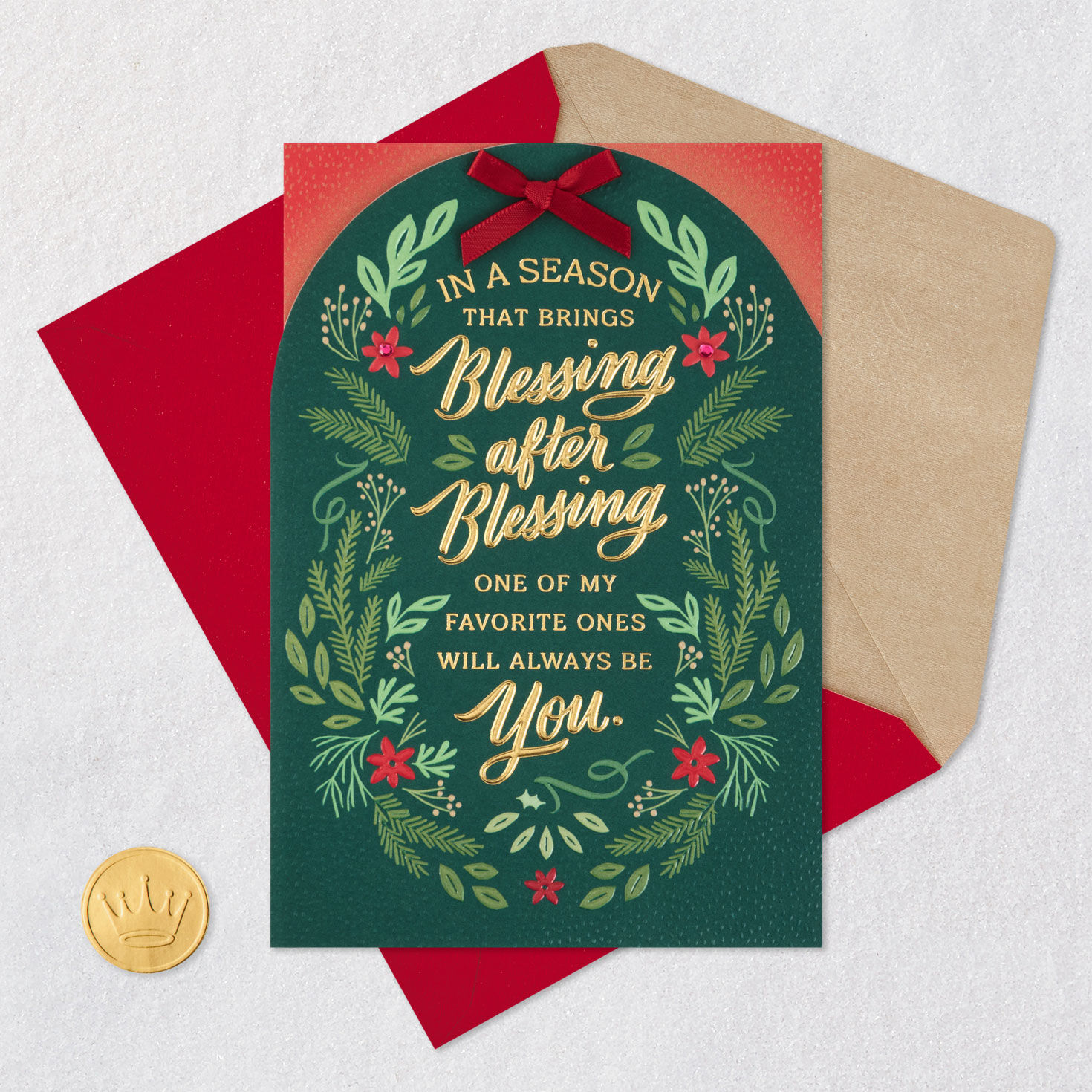 Elegant Greenery Thinking of You Christmas Card Card Front with Envelope and Gold Seal image number 6
