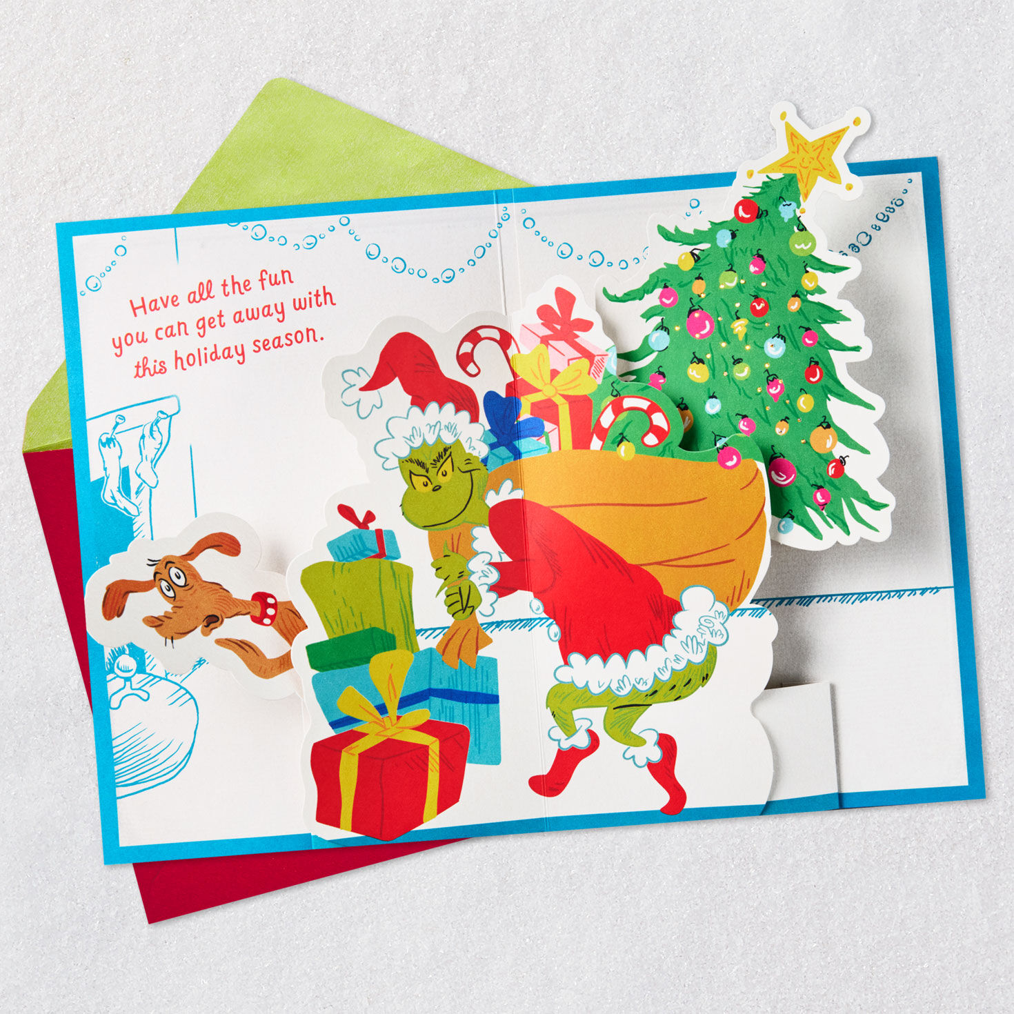 Grinch on Blue Musical Pop-Up Christmas Card Open Card with Envelope image number 2