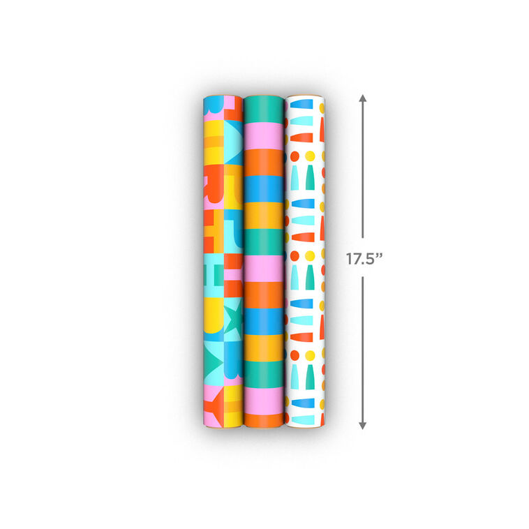 Mini Pack Wrapping Bright and Bold 3-Pack Assorted Wrapping Paper Mini Roll Bundle, 45 sq ...