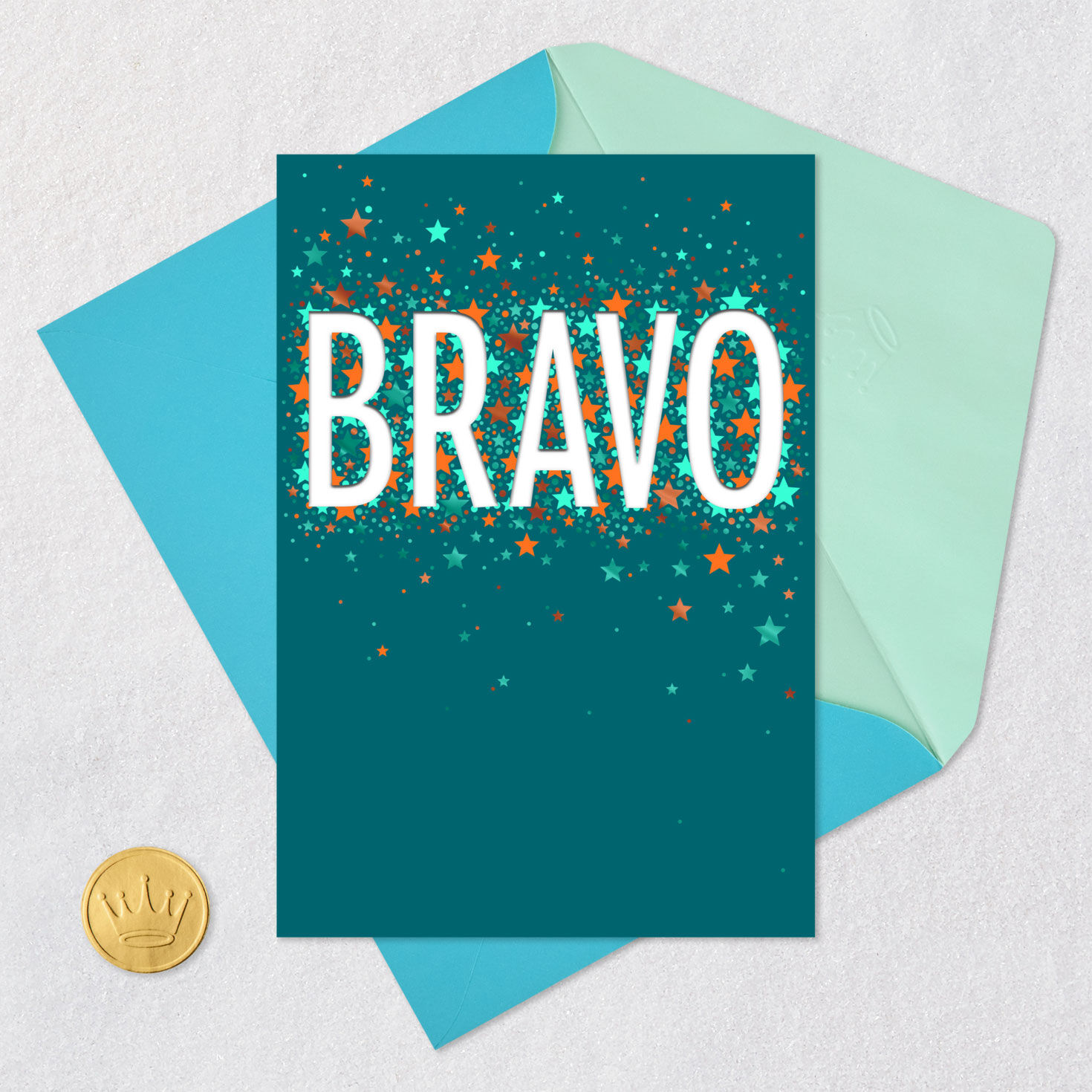 Teal With Sparkling Stars Congratulations Card Card Front with Envelope and Gold Seal image number 5