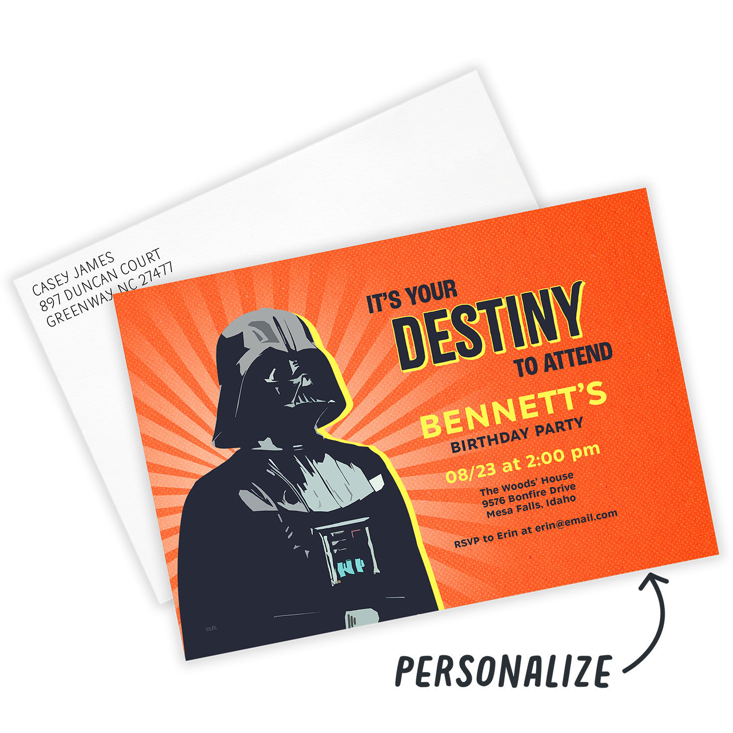 Darth Vader on Orange Personalized Party Invitation Card with Envelope indicating personalization image number 2
