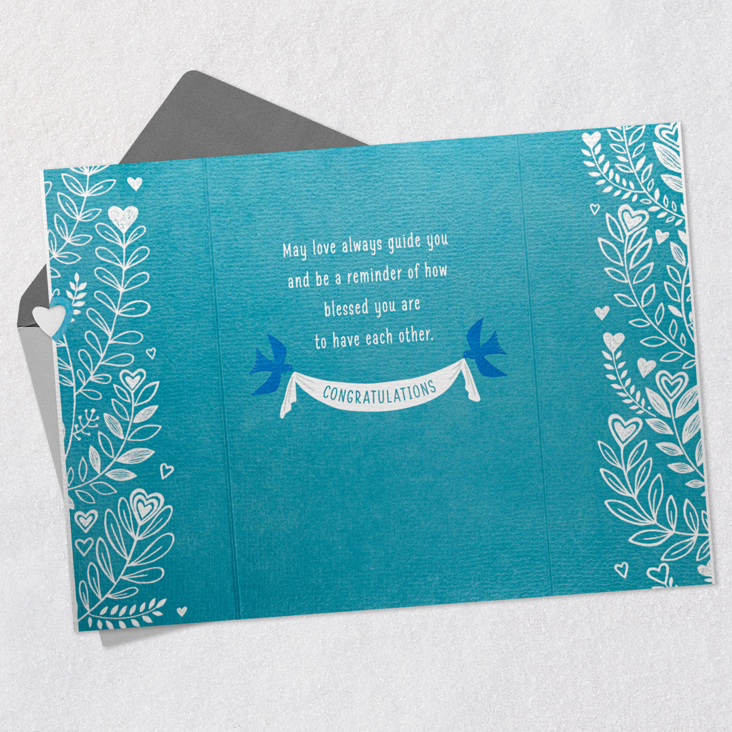 Blue Birds and Heart-Shaped Flowers Wedding Card Open card with envelope image number 4
