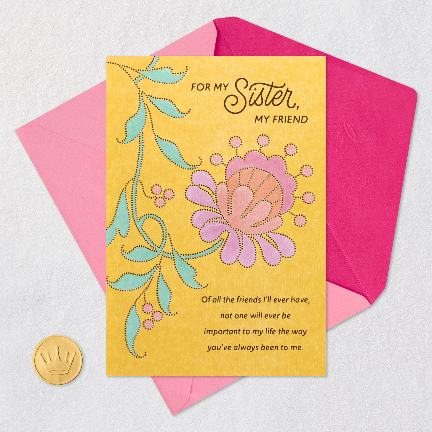 Pink Folk-Art Flower Sister Birthday Card Card Front with Envelope and Gold Seal image number 6
