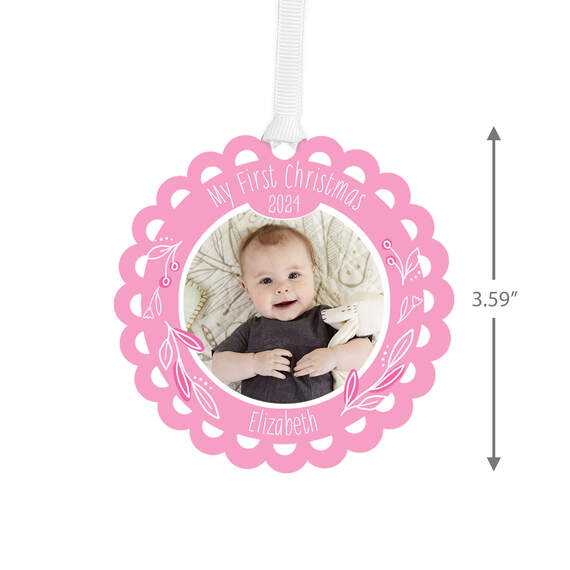 Baby’s First Christmas Pink Scalloped Personalized Text and Photo Metal Ornament, , large image number 3