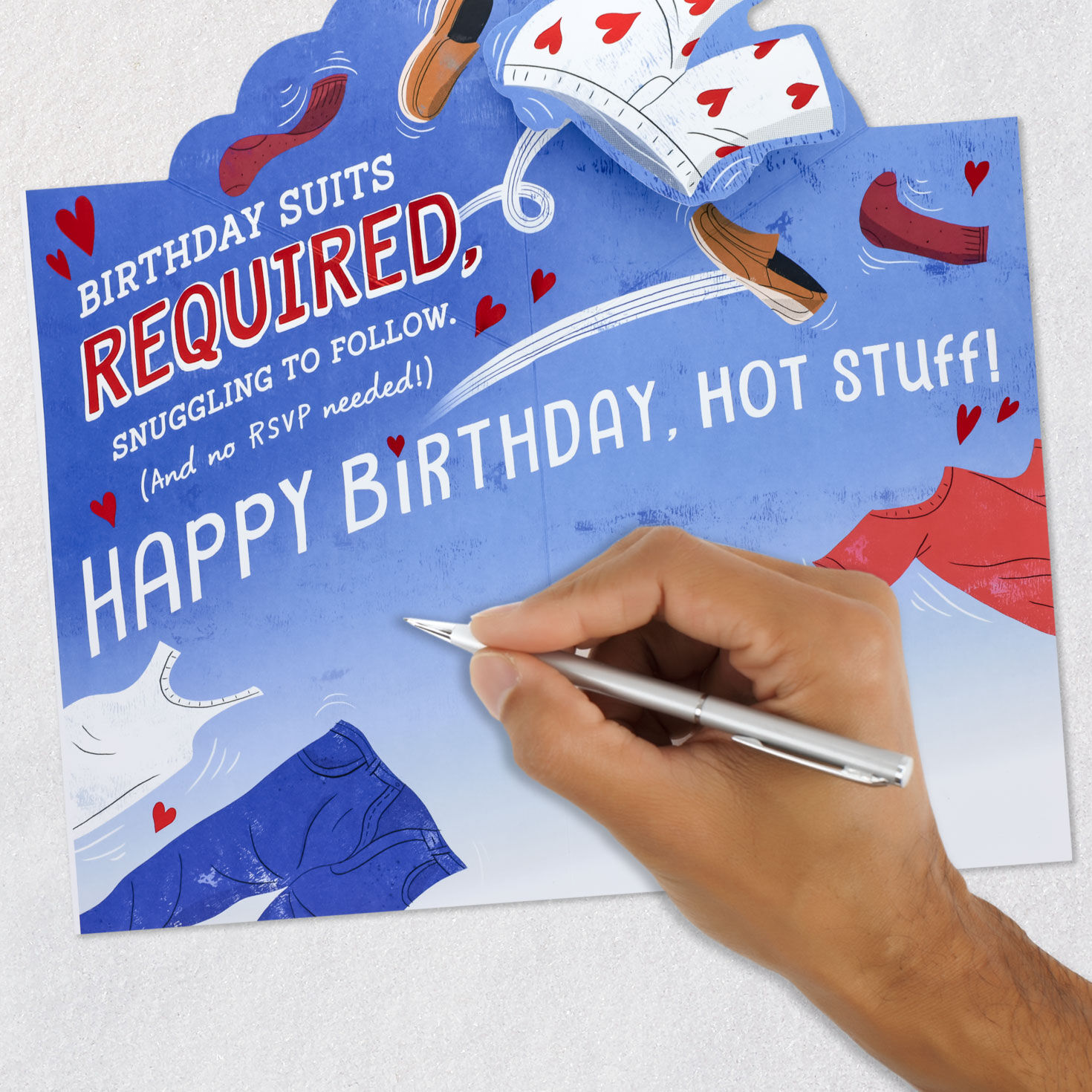 Clothes Flying Off Funny Birthday Card for Husband signing card image number 6