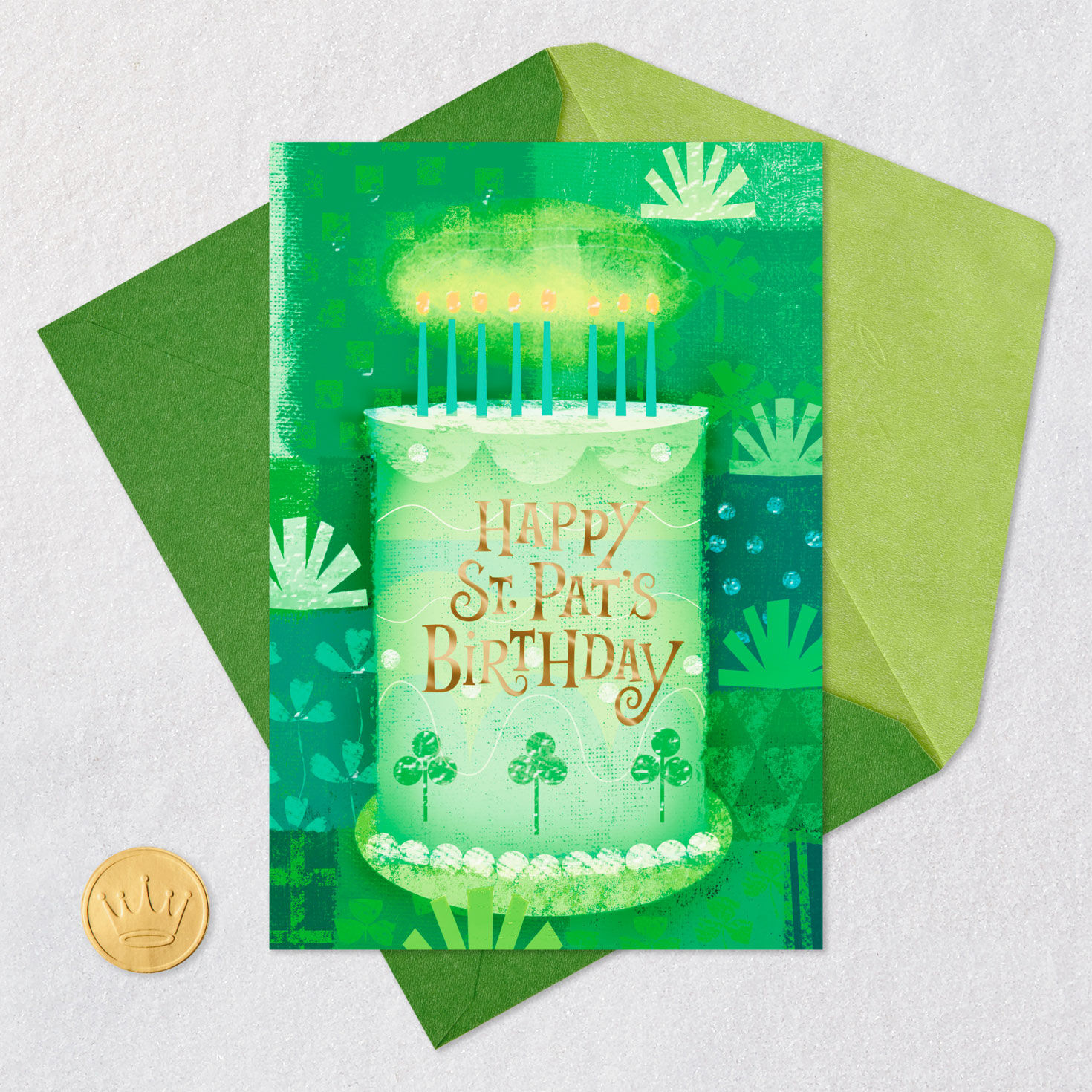 Green Cake and Candles St. Patrick's Day Birthday Card Card Front with Envelope and Gold Seal image number 6